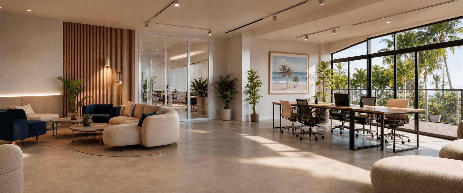 Espace de coworking premium ouvert sur un jardin tropical